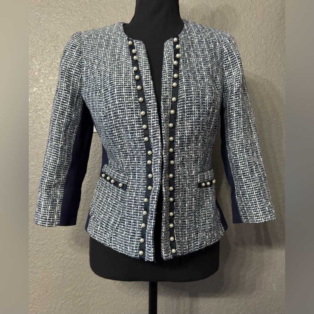 White House Black Market WHBM Women’s 4 Navy Blue White Tweed Blazer Jacket Coat - Picture 6 of 6